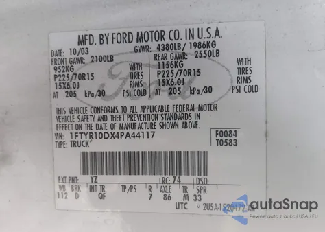 2004 Ford Ranger Xl/Xlt from USA, damaged, VIN 1FTYR10DX4PA44117